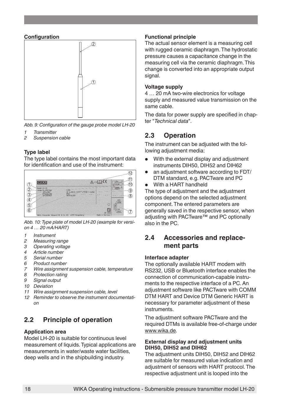 2 principle of operation, 3 operation, 4 accessories and replacement parts | 4 accessories and replace- ment parts | WIKA LH-20 User Manual | Page 18 / 60