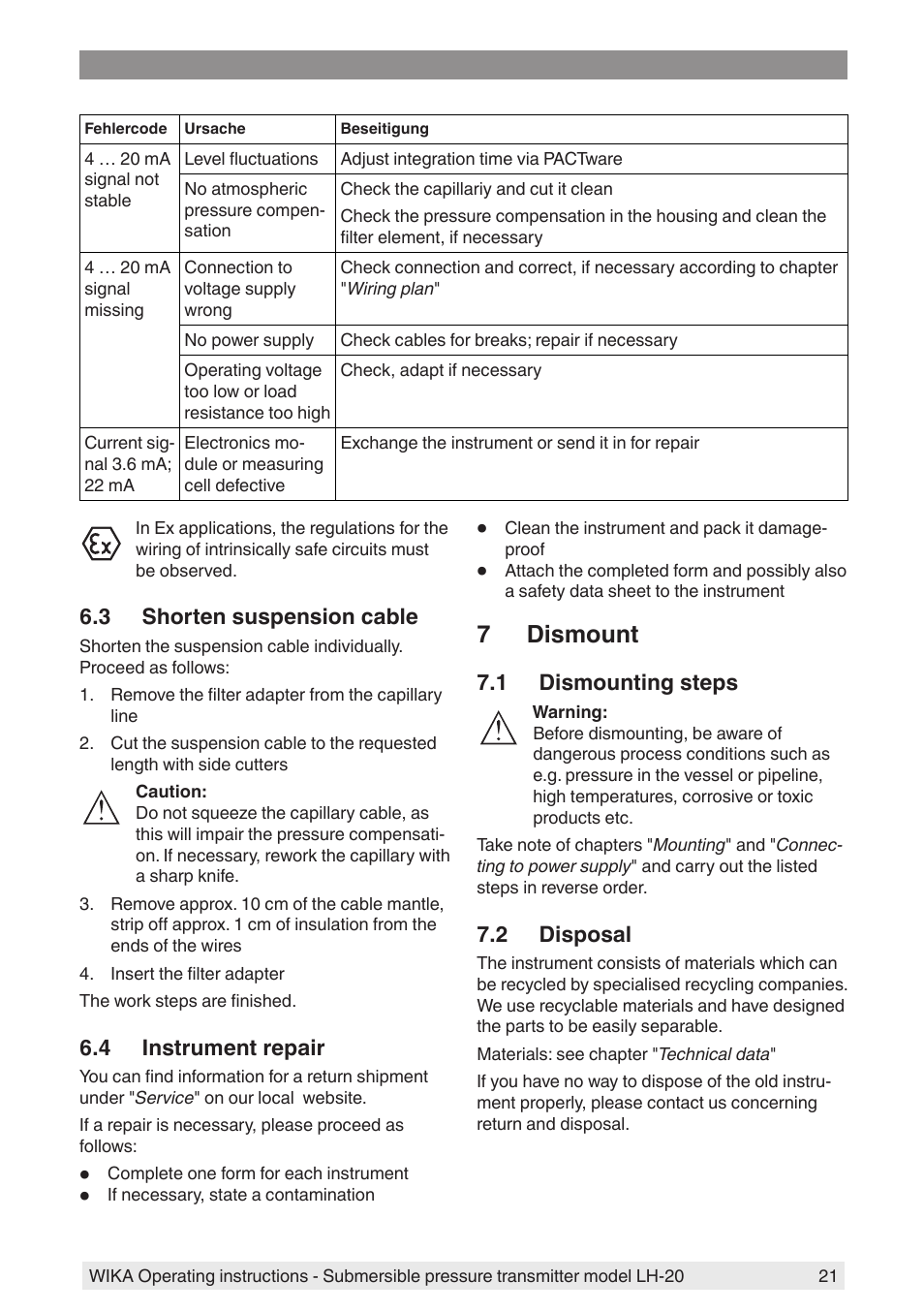 3 shorten suspension cable, 4 instrument repair, 7 dismount | 1 dismounting steps, 2 disposal | WIKA LH-20 User Manual | Page 21 / 60
