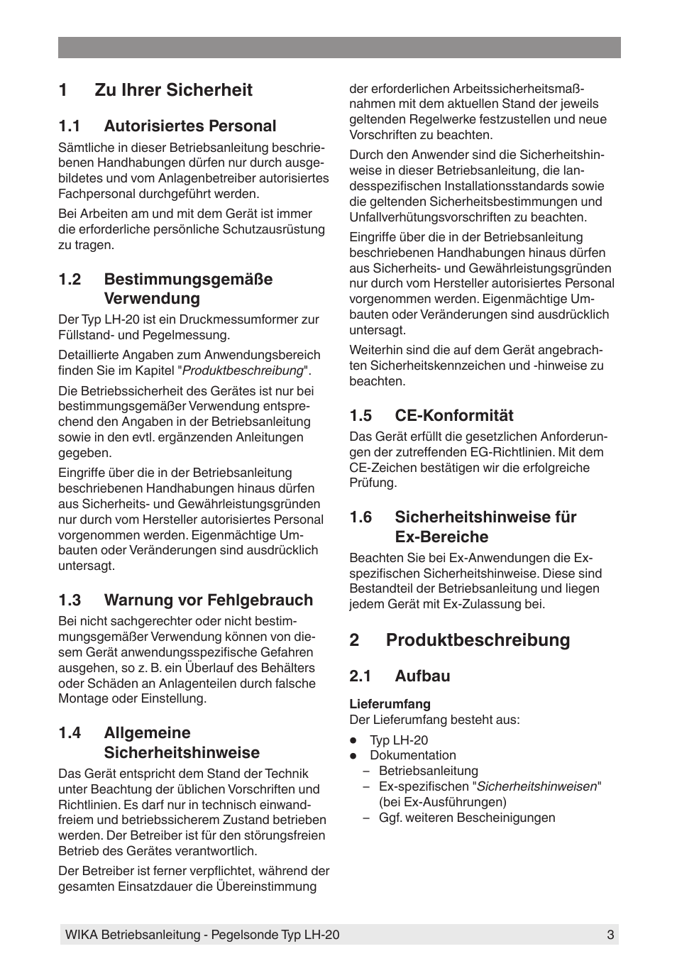 1 zu ihrer sicherheit, 1 autorisiertes personal, 2 bestimmungsgemäße verwendung | 3 warnung vor fehlgebrauch, 4 allgemeine sicherheitshinweise, 5 ce-konformität, 6 sicherheitshinweise für ex-bereiche, 2 produktbeschreibung, 1 aufbau | WIKA LH-20 User Manual | Page 3 / 60