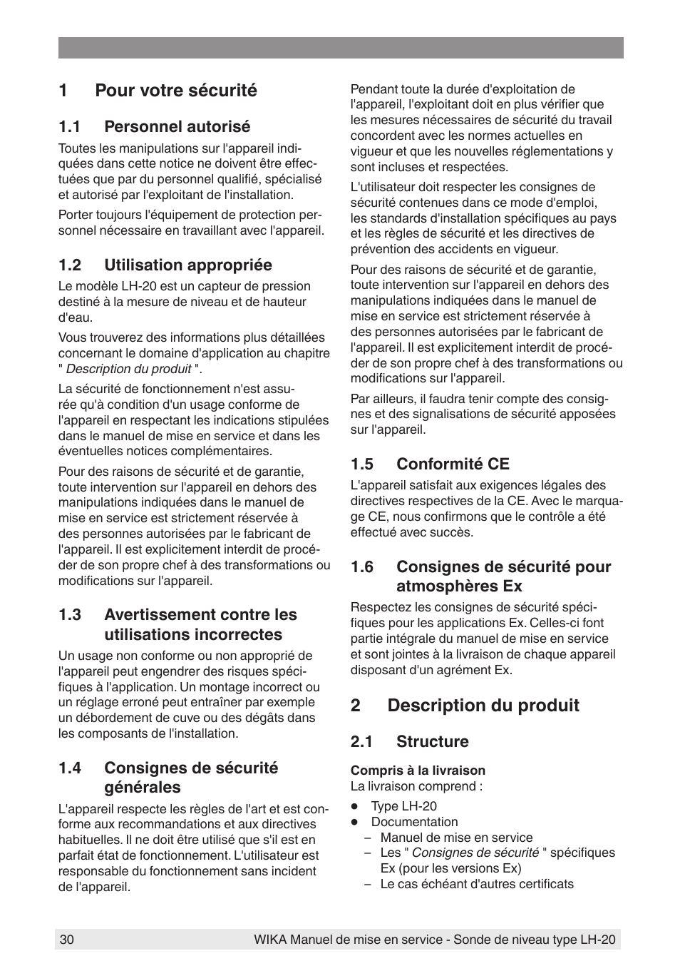 1 pour votre sécurité, 1 personnel autorisé, 2 utilisation appropriée | 4 consignes de sécurité générales, 5 conformité ce, 6 consignes de sécurité pour atmosphères ex, 2 description du produit, 1 structure | WIKA LH-20 User Manual | Page 30 / 60
