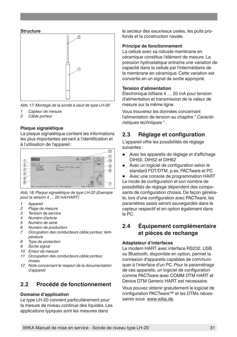 2 procédé de fonctionnement, 3 réglage et configuration, 4 équipement complémentaire et pièces de rechange | WIKA LH-20 User Manual | Page 31 / 60