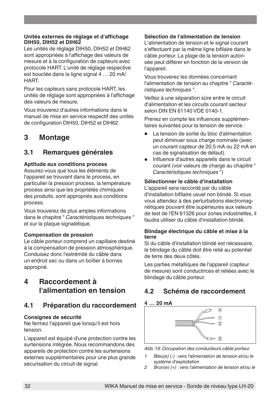 3 montage, 1 remarques générales, 4 raccordement à l'alimentation en tension | 1 préparation du raccordement, 2 schéma de raccordement | WIKA LH-20 User Manual | Page 32 / 60