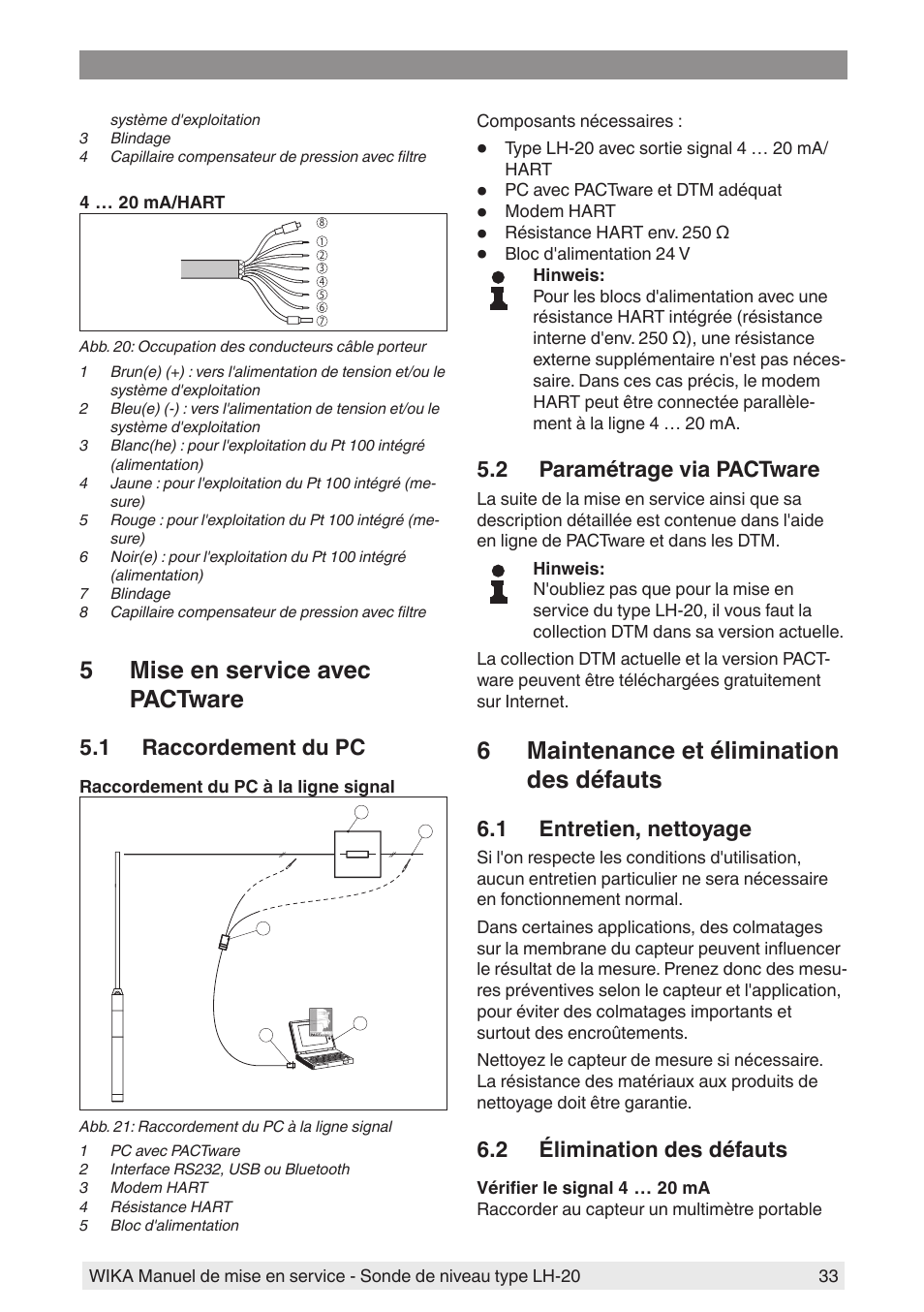 5 mise en service avec pactware, 1 raccordement du pc, 2 paramétrage via pactware | 6 maintenance et élimination des défauts, 1 entretien, nettoyage, 2 élimination des défauts | WIKA LH-20 User Manual | Page 33 / 60