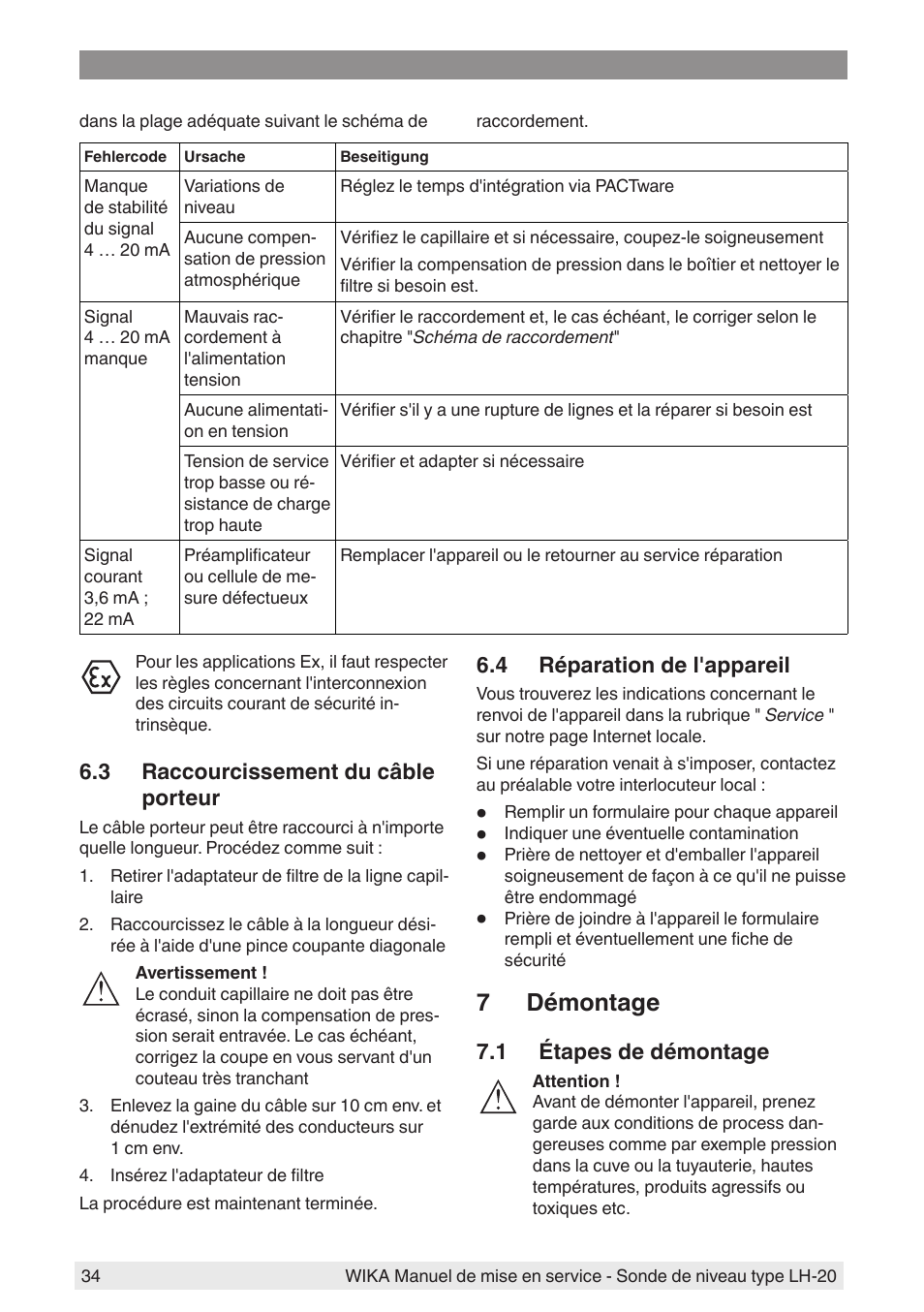 3 raccourcissement du câble porteur, 4 réparation de l'appareil, 7 démontage | 1 étapes de démontage | WIKA LH-20 User Manual | Page 34 / 60