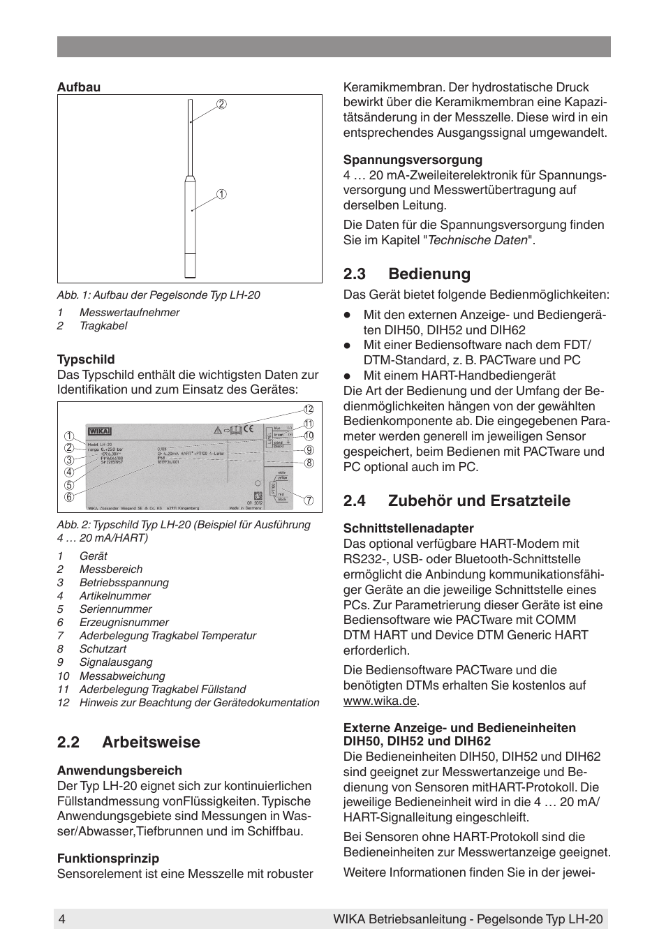 2 arbeitsweise, 3 bedienung, 4 zubehör und ersatzteile | WIKA LH-20 User Manual | Page 4 / 60