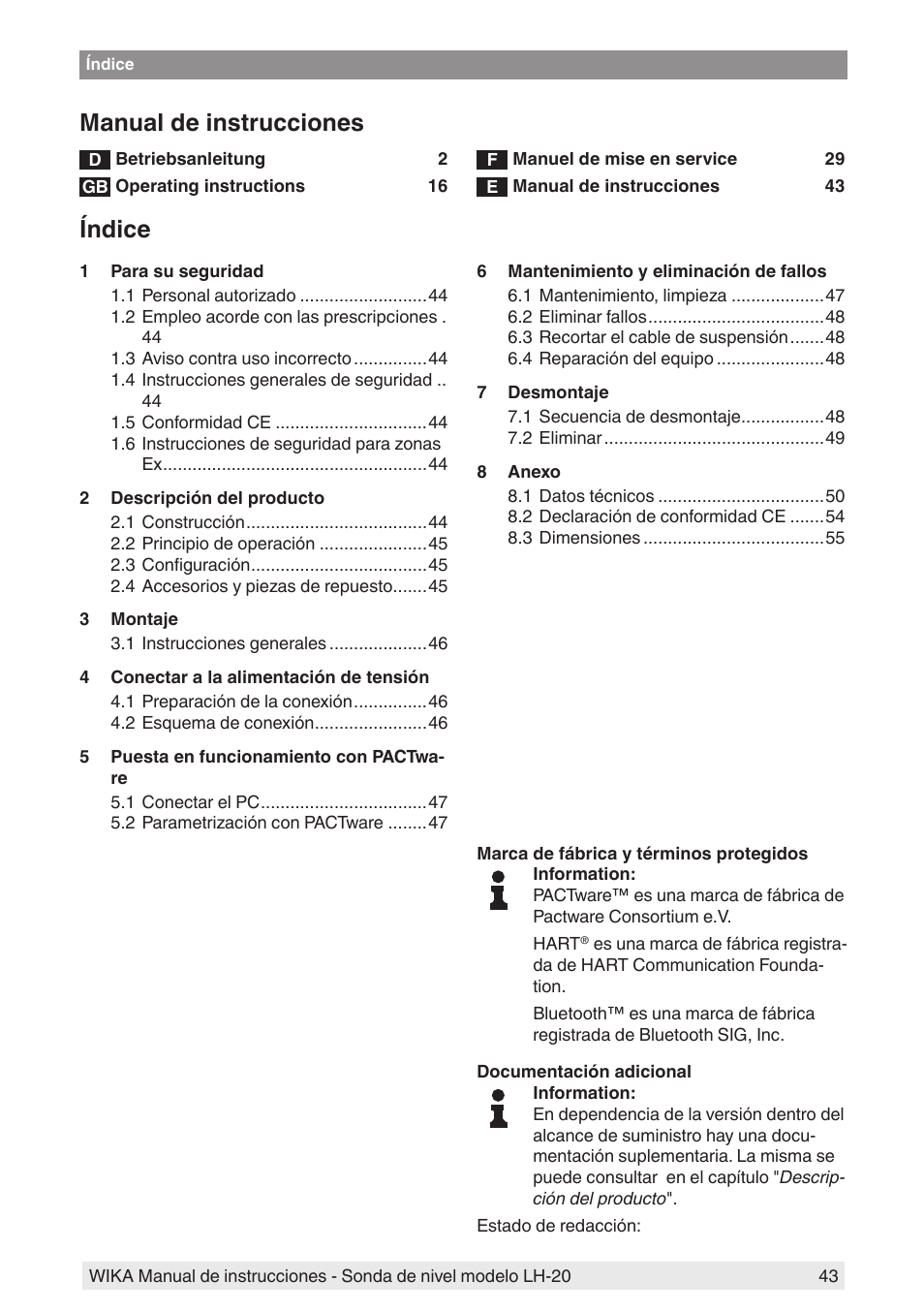 Manual de instrucciones, Índice | WIKA LH-20 User Manual | Page 43 / 60