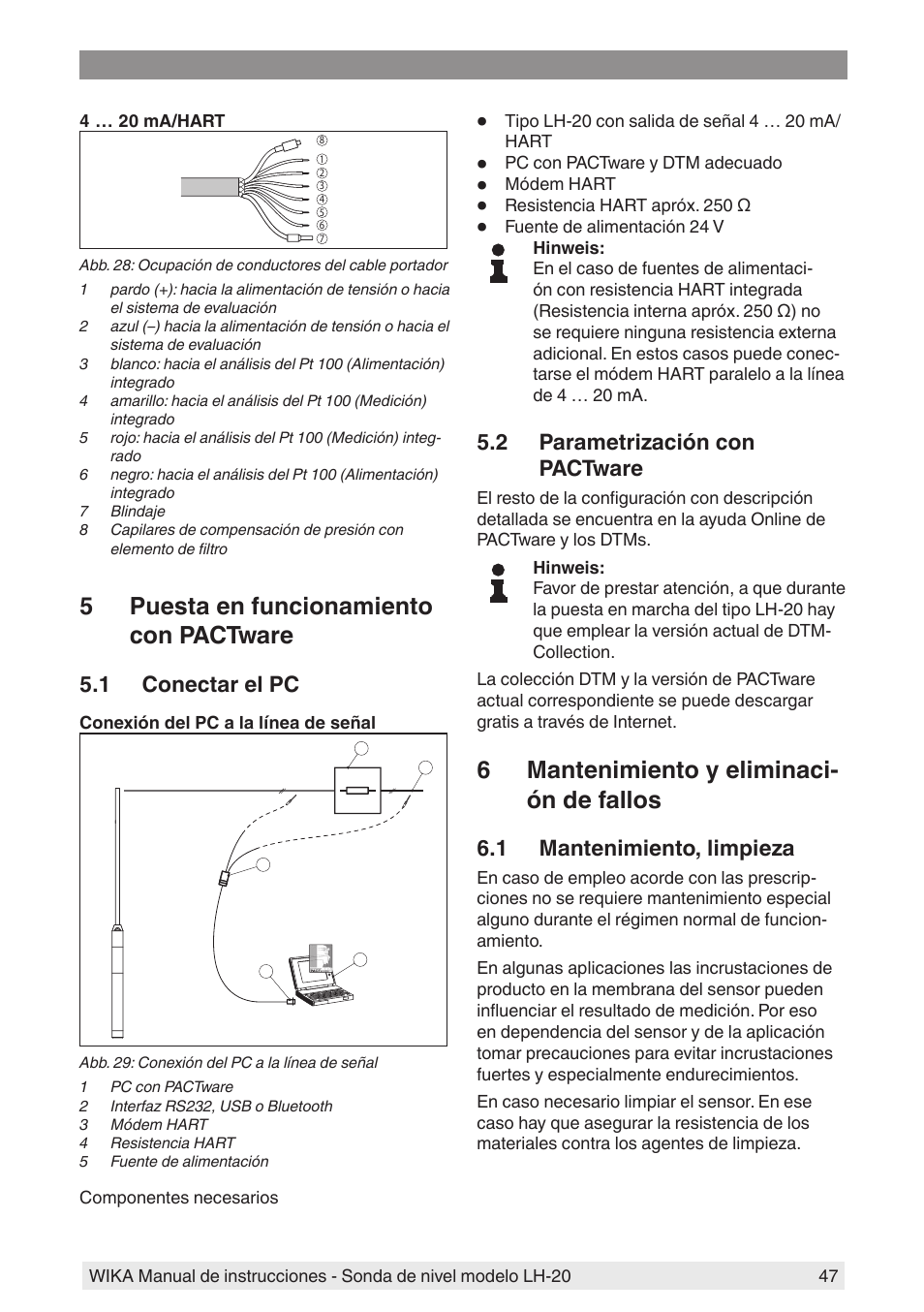 5 puesta en funcionamiento con pactware, 1 conectar el pc, 2 parametrización con pactware | 6 mantenimiento y eliminación de fallos, 1 mantenimiento, limpieza, 6 mantenimiento y eliminaci- ón de fallos | WIKA LH-20 User Manual | Page 47 / 60