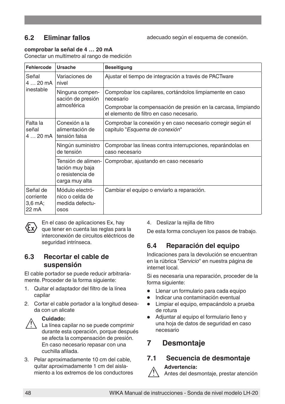 2 eliminar fallos, 3 recortar el cable de suspensión, 4 reparación del equipo | 7 desmontaje, 1 secuencia de desmontaje | WIKA LH-20 User Manual | Page 48 / 60