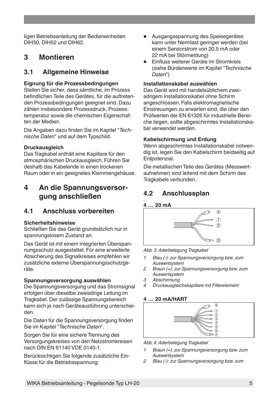 3 montieren, 1 allgemeine hinweise, 4 an die spannungsversorgung anschließen | 1 anschluss vorbereiten, 2 anschlussplan, 4 an die spannungsversor- gung anschließen | WIKA LH-20 User Manual | Page 5 / 60