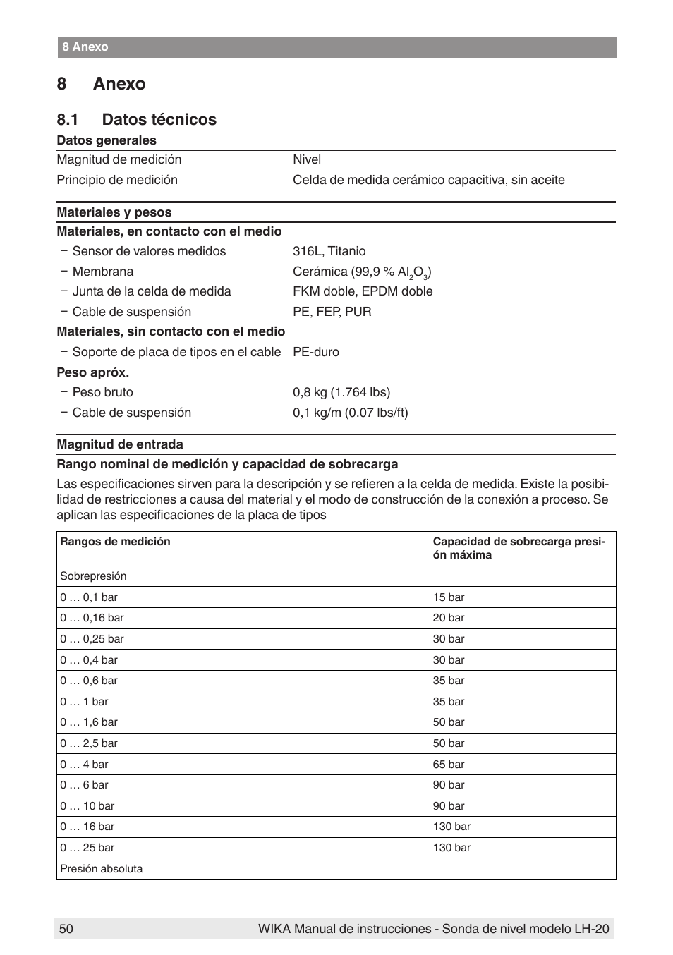 8 anexo, 1 datos técnicos | WIKA LH-20 User Manual | Page 50 / 60