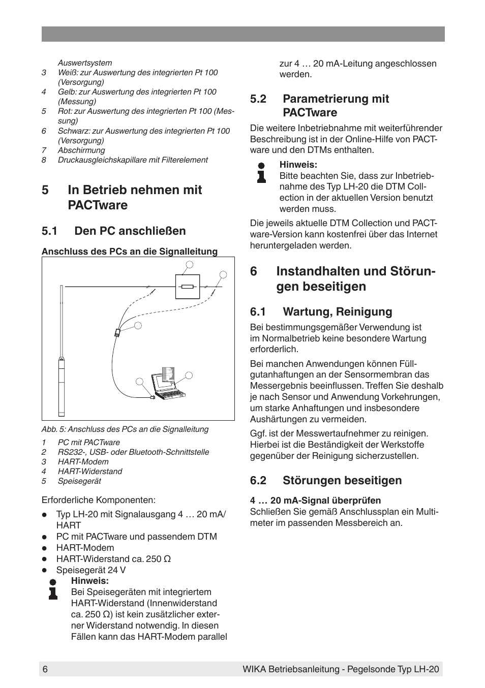 5 in betrieb nehmen mit pactware, 1 den pc anschließen, 2 parametrierung mit pactware | 6 instandhalten und störungen beseitigen, 1 wartung, reinigung, 2 störungen beseitigen, 6 instandhalten und störun- gen beseitigen | WIKA LH-20 User Manual | Page 6 / 60
