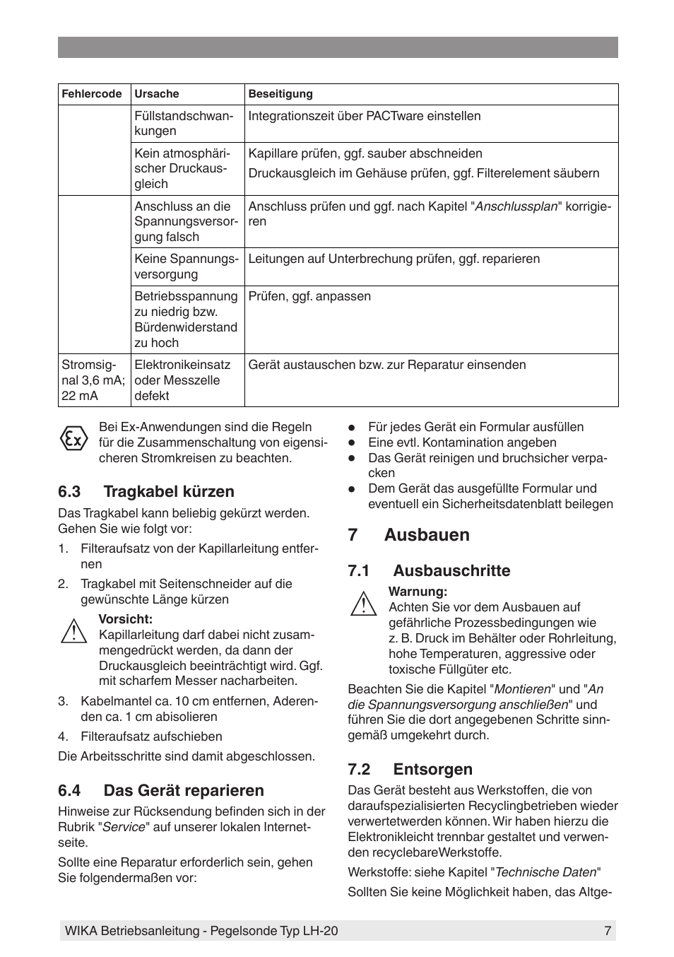 3 tragkabel kürzen, 4 das gerät reparieren, 7 ausbauen | 1 ausbauschritte, 2 entsorgen | WIKA LH-20 User Manual | Page 7 / 60