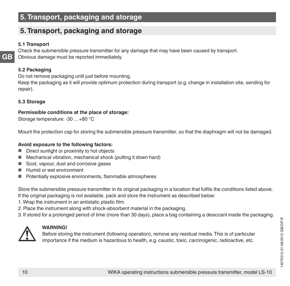 Gb 5. transport, packaging and storage, Transport, packaging and storage | WIKA LS-10 User Manual | Page 10 / 60