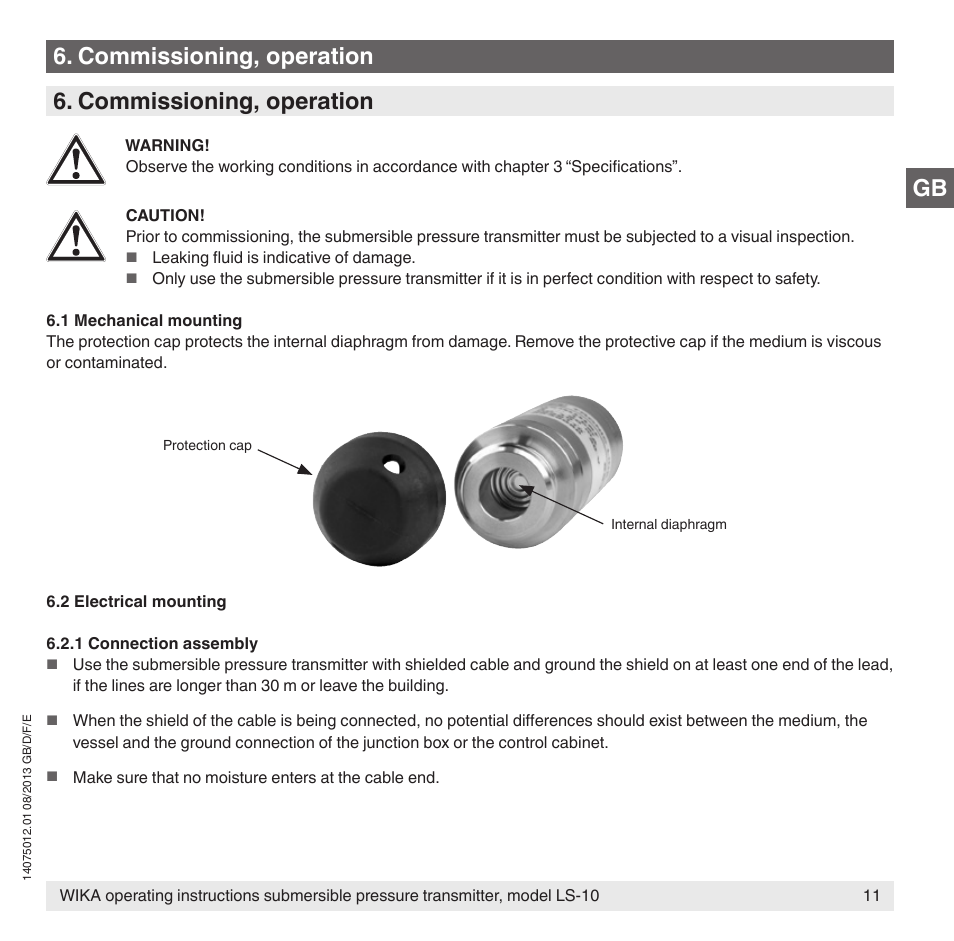 Gb 6. commissioning, operation, Commissioning, operation | WIKA LS-10 User Manual | Page 11 / 60