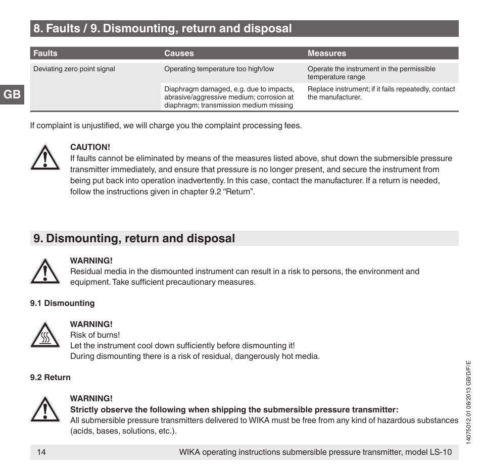 Dismounting, return and disposal, Faults / 9. dismounting, return and disposal | WIKA LS-10 User Manual | Page 14 / 60
