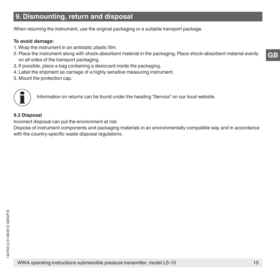 Dismounting, return and disposal | WIKA LS-10 User Manual | Page 15 / 60