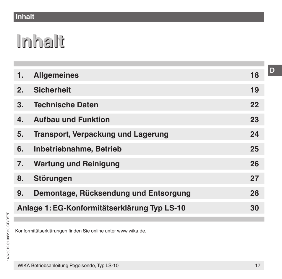 Inhalt | WIKA LS-10 User Manual | Page 17 / 60