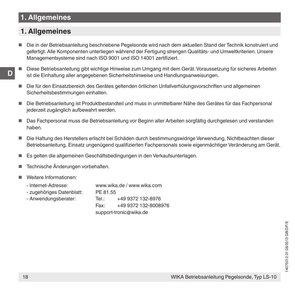 Allgemeines | WIKA LS-10 User Manual | Page 18 / 60