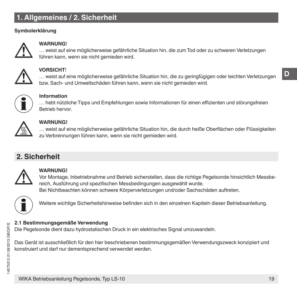Sicherheit, Allgemeines / 2. sicherheit | WIKA LS-10 User Manual | Page 19 / 60