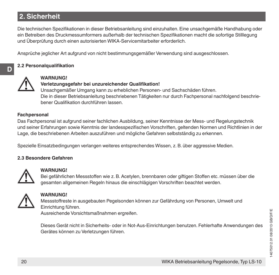 Sicherheit | WIKA LS-10 User Manual | Page 20 / 60