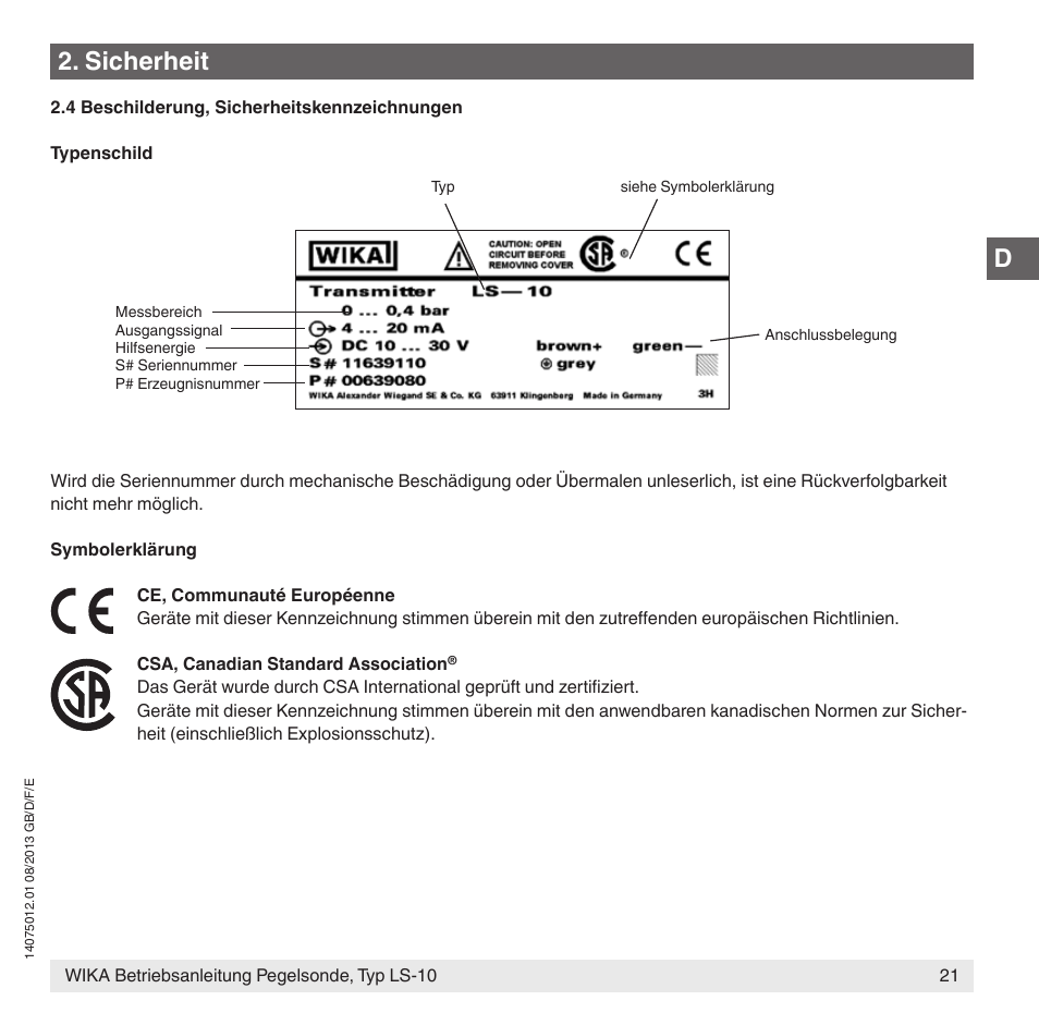 Sicherheit | WIKA LS-10 User Manual | Page 21 / 60