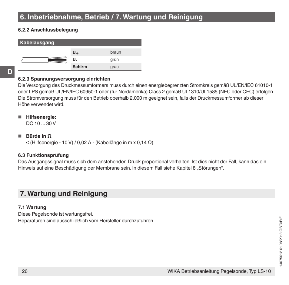 Inbetriebnahme, betrieb / 7. wartung und reinigung, Wartung und reinigung | WIKA LS-10 User Manual | Page 26 / 60