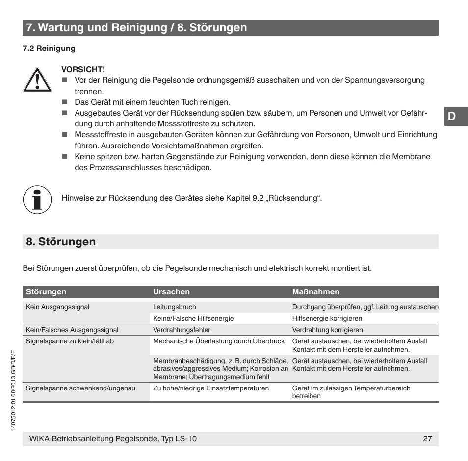 Störungen, Wartung und reinigung / 8. störungen | WIKA LS-10 User Manual | Page 27 / 60