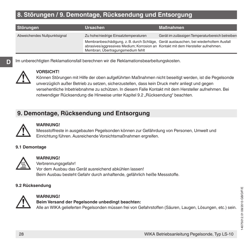 Demontage, rücksendung und entsorgung | WIKA LS-10 User Manual | Page 28 / 60