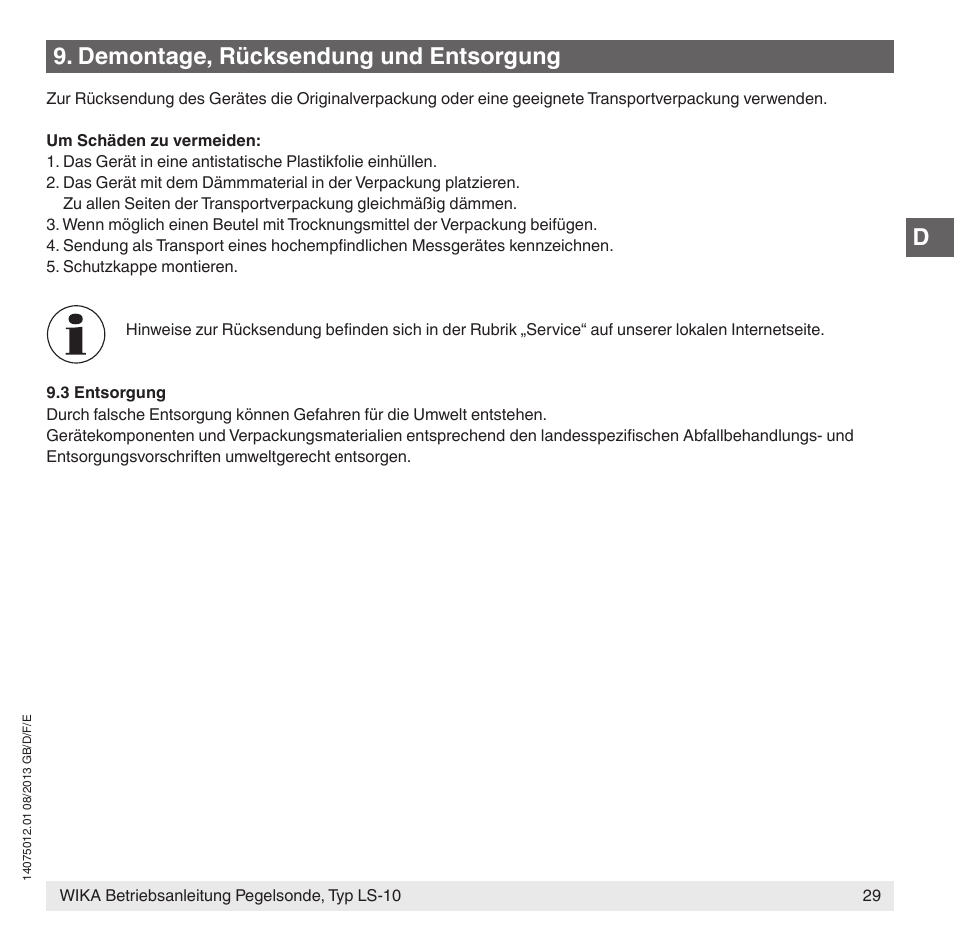 Demontage, rücksendung und entsorgung | WIKA LS-10 User Manual | Page 29 / 60