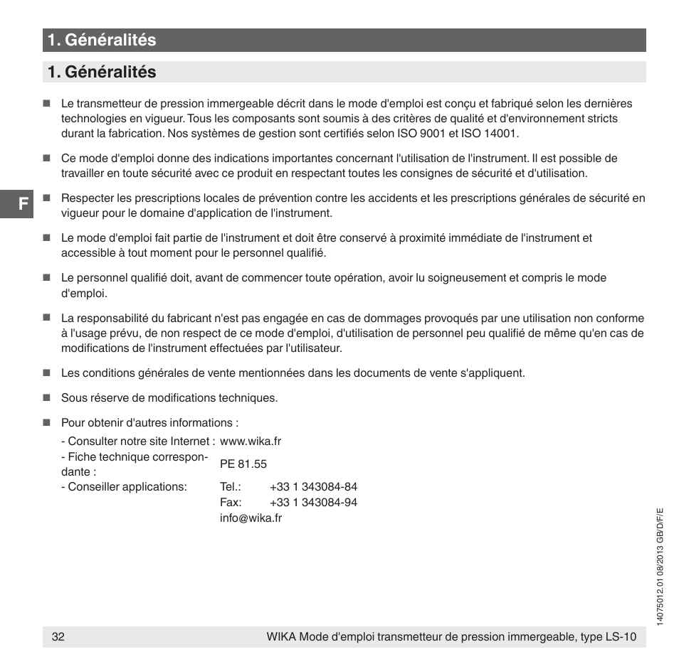 Généralités | WIKA LS-10 User Manual | Page 32 / 60