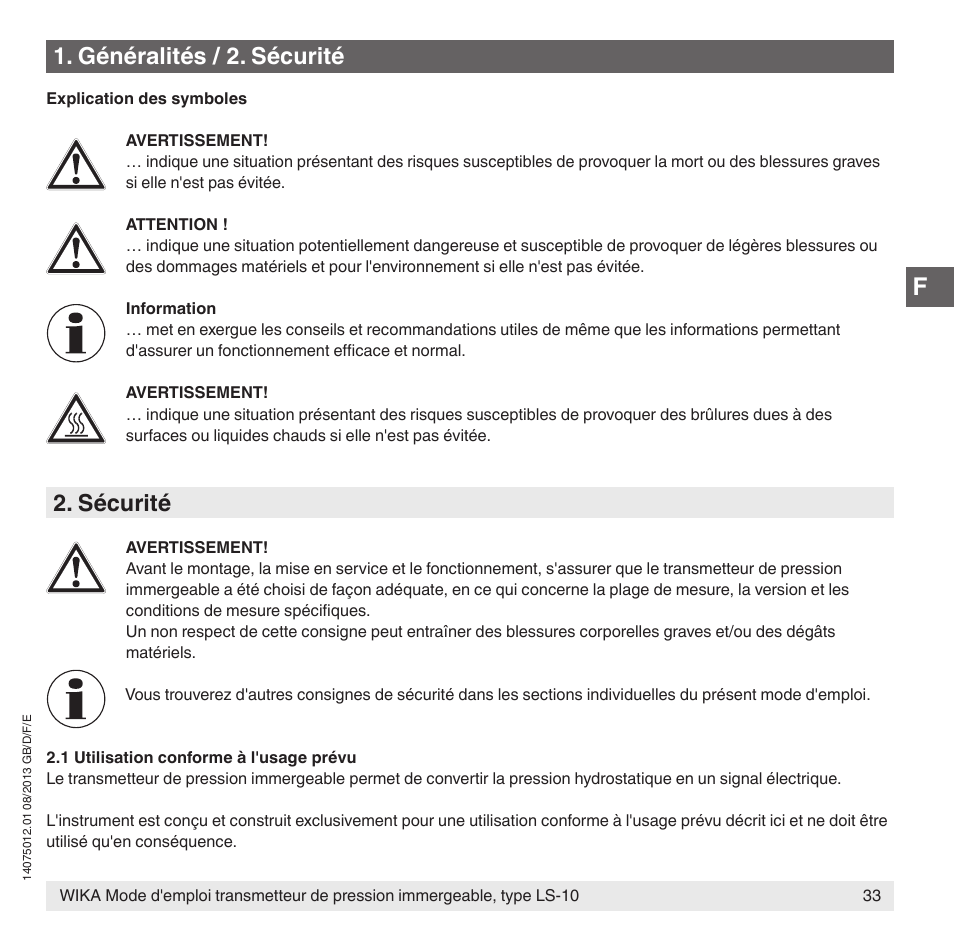 Sécurité, Généralités / 2. sécurité | WIKA LS-10 User Manual | Page 33 / 60