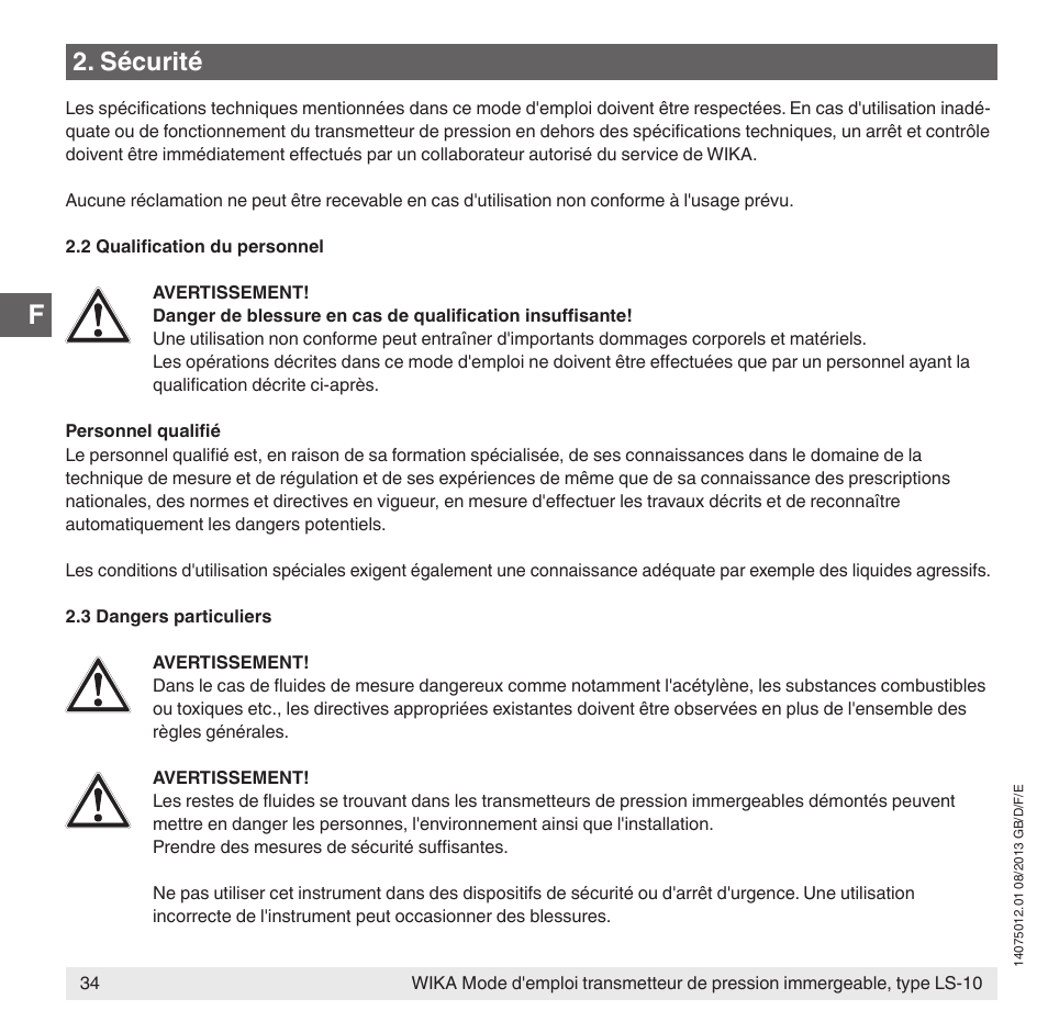 Sécurité | WIKA LS-10 User Manual | Page 34 / 60