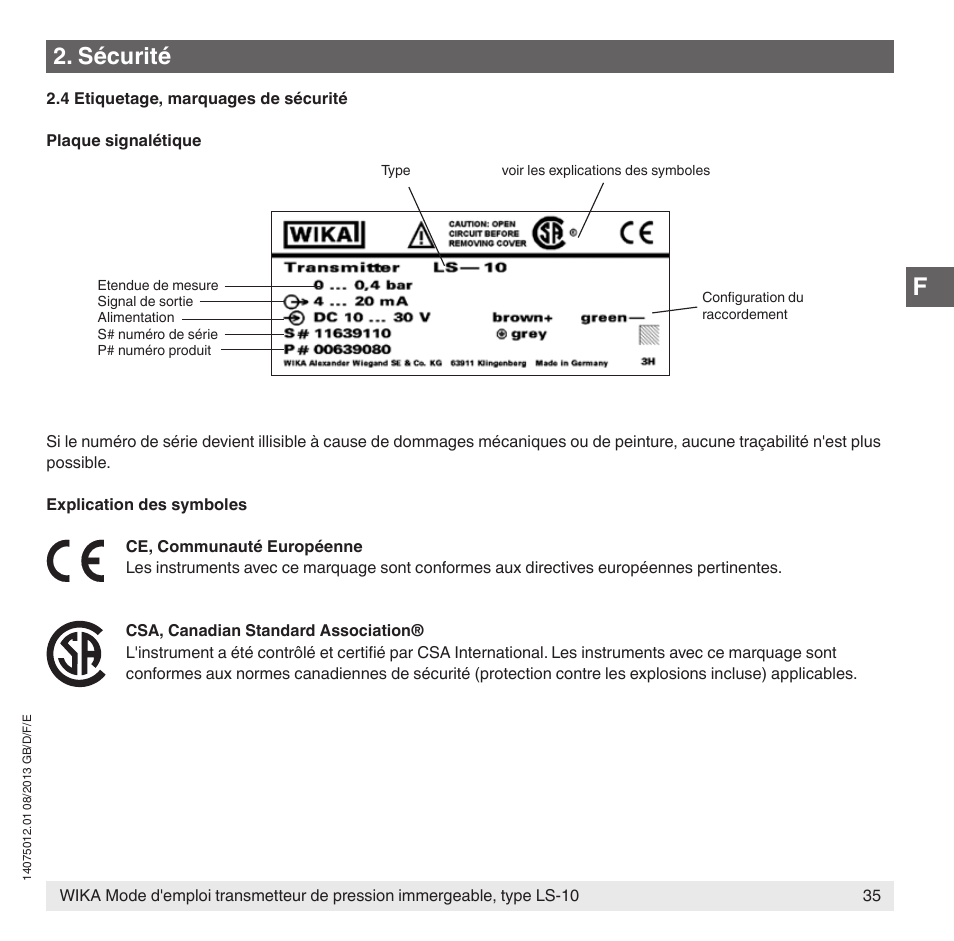 Sécurité | WIKA LS-10 User Manual | Page 35 / 60