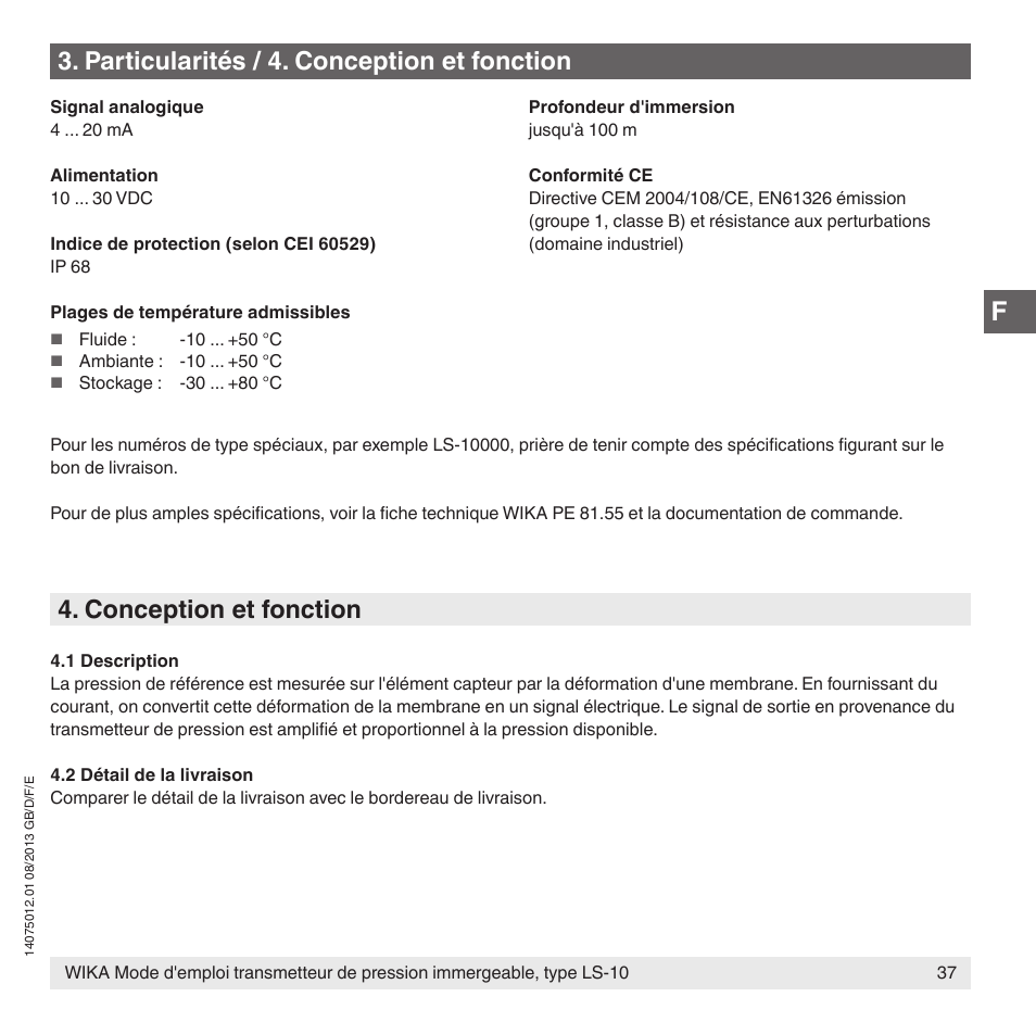 Conception et fonction, Particularités / 4. conception et fonction | WIKA LS-10 User Manual | Page 37 / 60