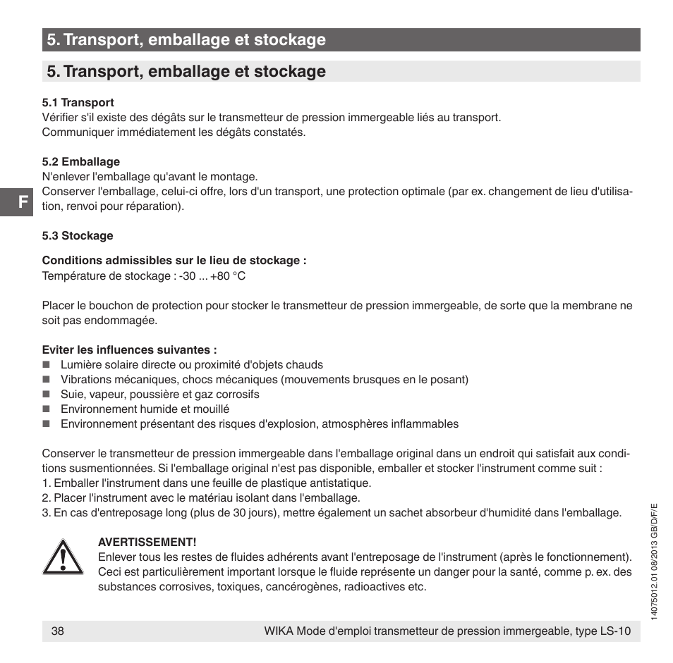 Transport, emballage et stockage | WIKA LS-10 User Manual | Page 38 / 60