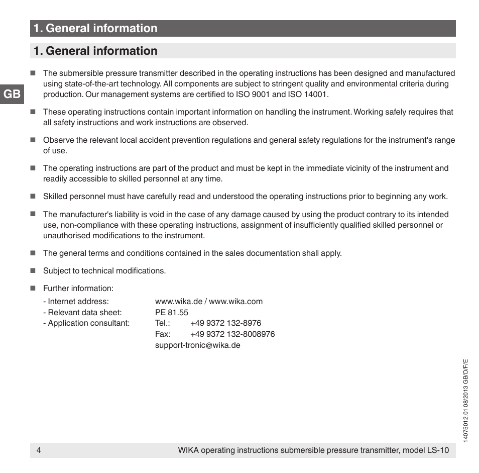Gb 1. general information 1. general information | WIKA LS-10 User Manual | Page 4 / 60