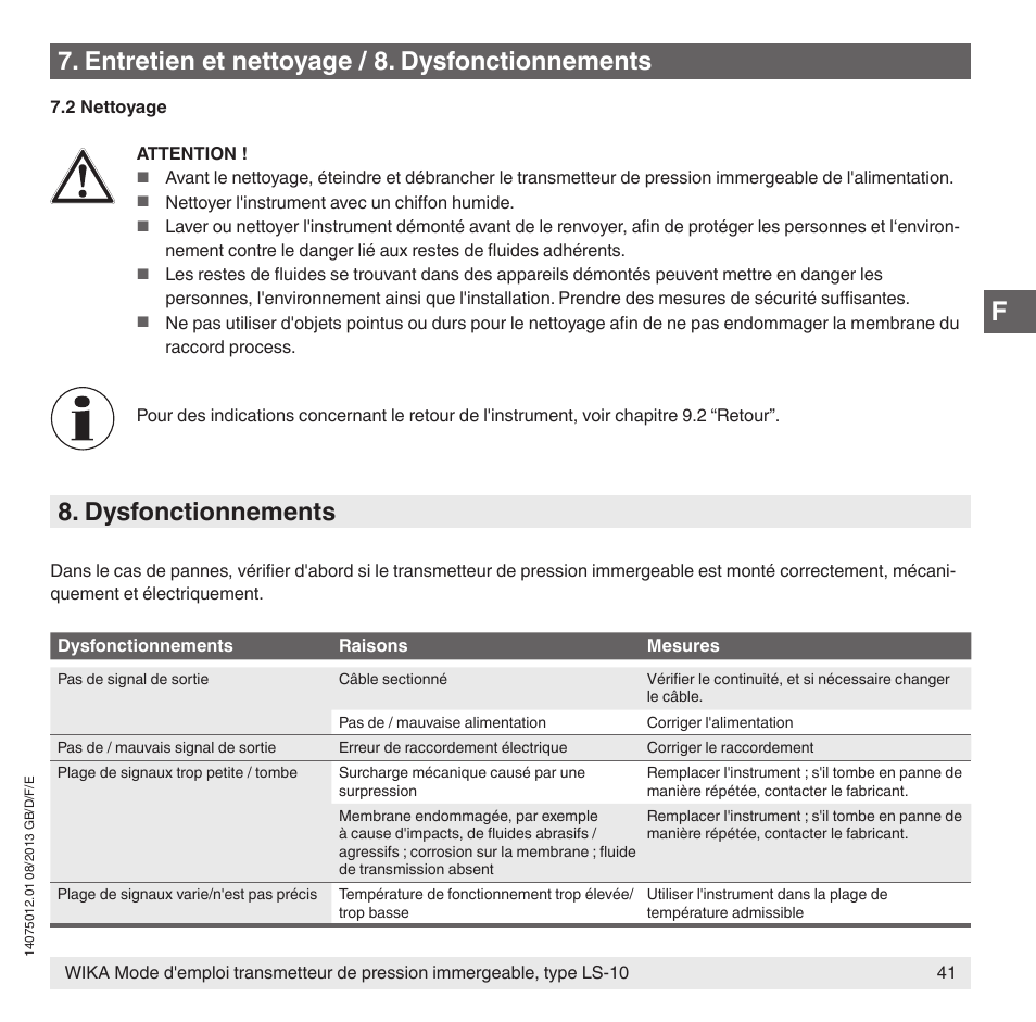 Dysfonctionnements, Entretien et nettoyage / 8. dysfonctionnements | WIKA LS-10 User Manual | Page 41 / 60