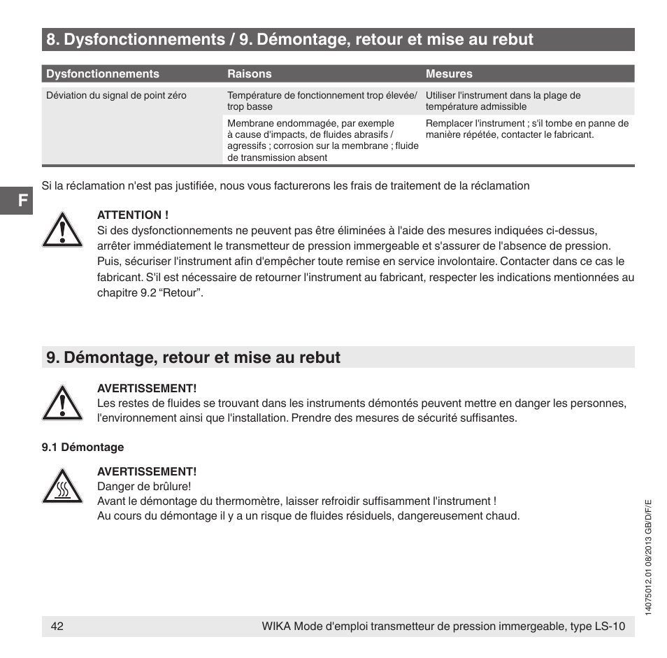 Démontage, retour et mise au rebut | WIKA LS-10 User Manual | Page 42 / 60