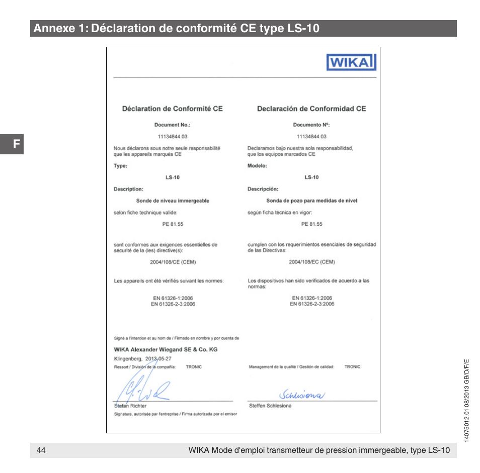 Annexe 1: déclaration de conformité ce type ls-10 | WIKA LS-10 User Manual | Page 44 / 60