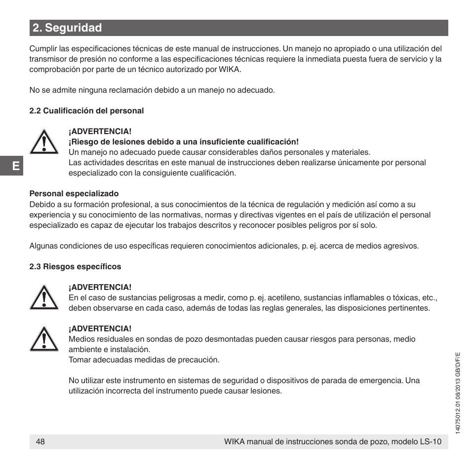 Seguridad | WIKA LS-10 User Manual | Page 48 / 60