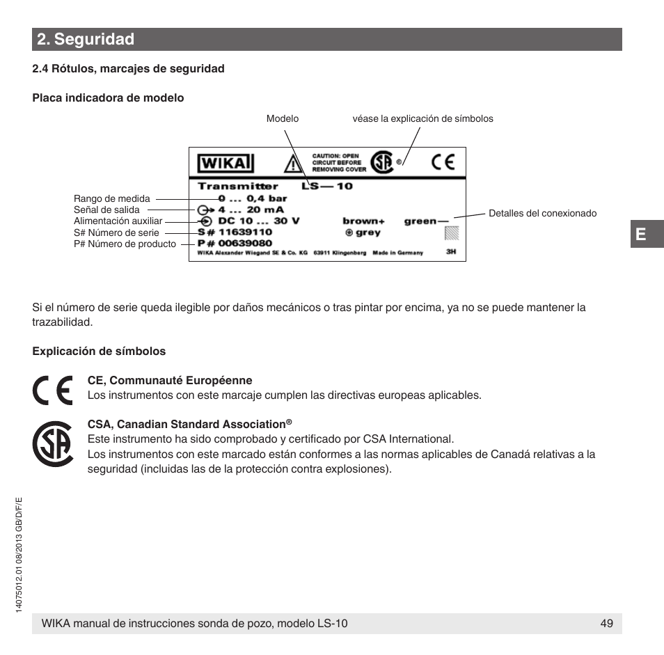 Seguridad | WIKA LS-10 User Manual | Page 49 / 60