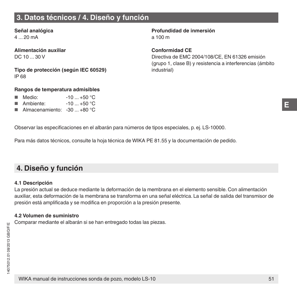 Diseño y función, Datos técnicos / 4. diseño y función | WIKA LS-10 User Manual | Page 51 / 60