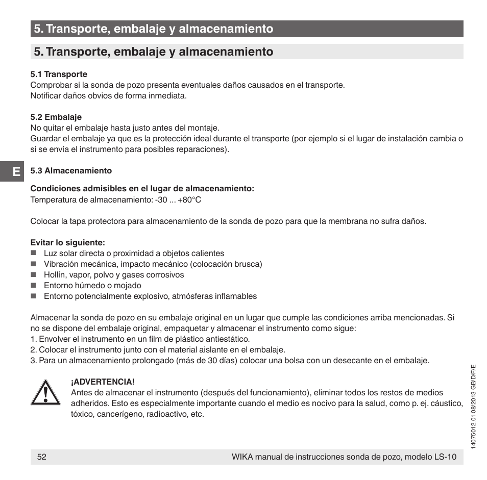 Transporte, embalaje y almacenamiento | WIKA LS-10 User Manual | Page 52 / 60
