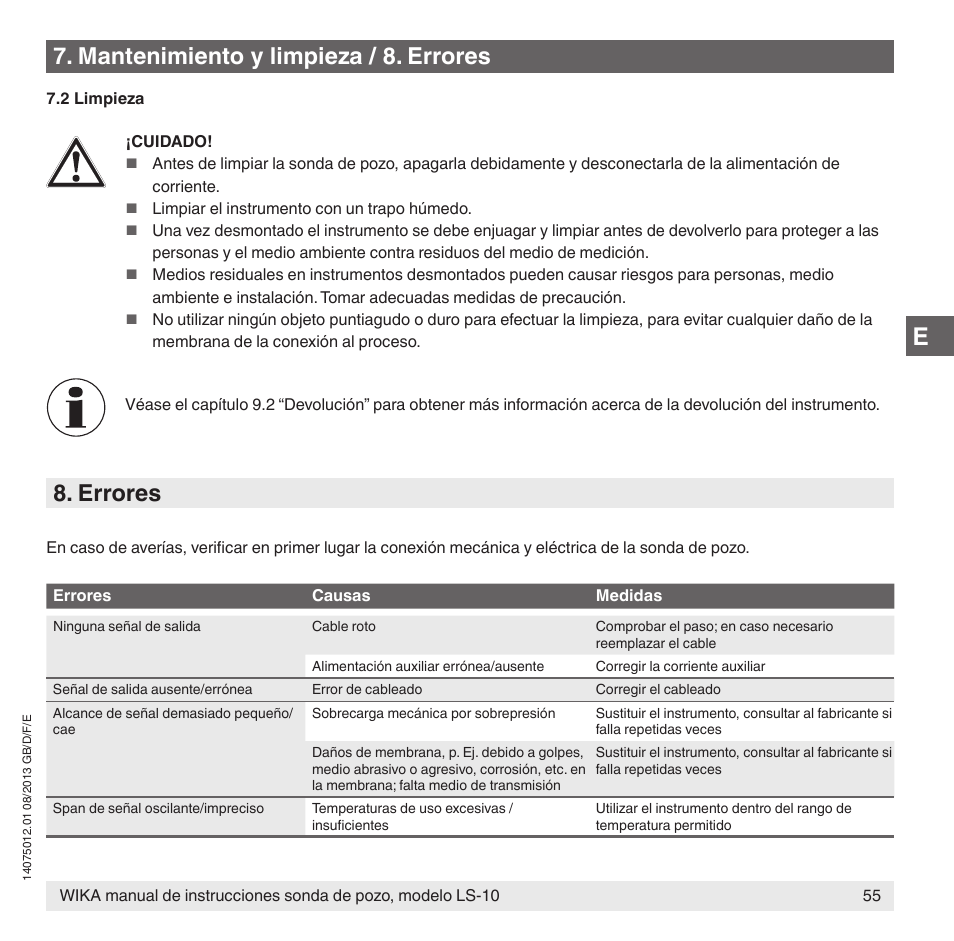 Errores, Mantenimiento y limpieza / 8. errores | WIKA LS-10 User Manual | Page 55 / 60