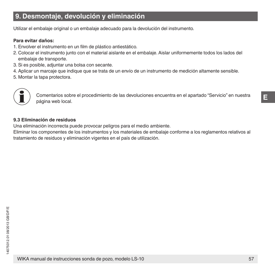Desmontaje, devolución y eliminación | WIKA LS-10 User Manual | Page 57 / 60