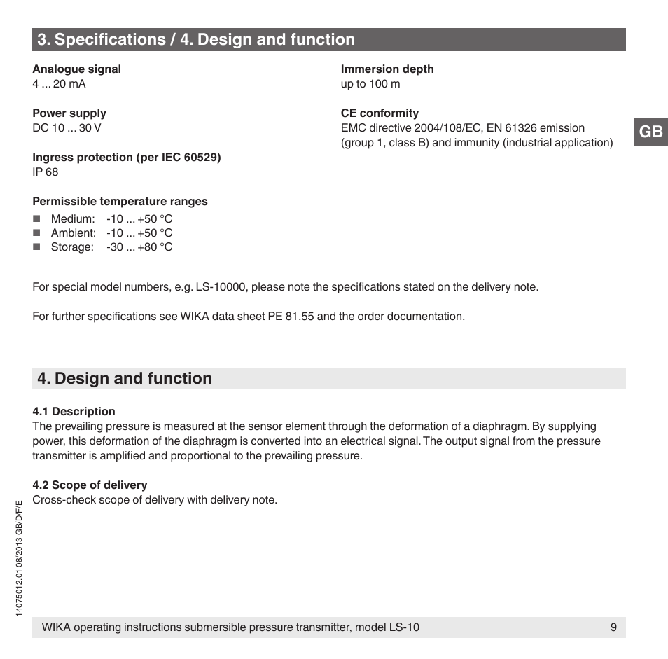 Design and function, Specifications / 4. design and function | WIKA LS-10 User Manual | Page 9 / 60