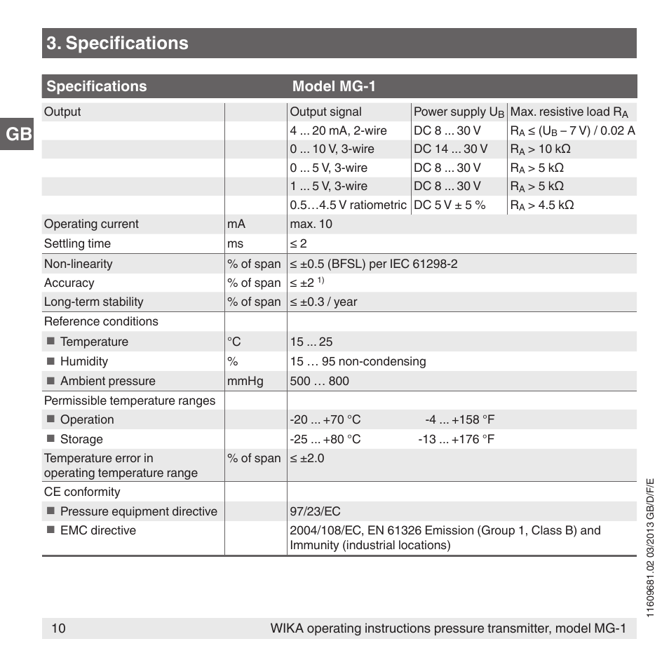 Specifications, Specifications model mg-1 | WIKA MG-1 User Manual | Page 10 / 92