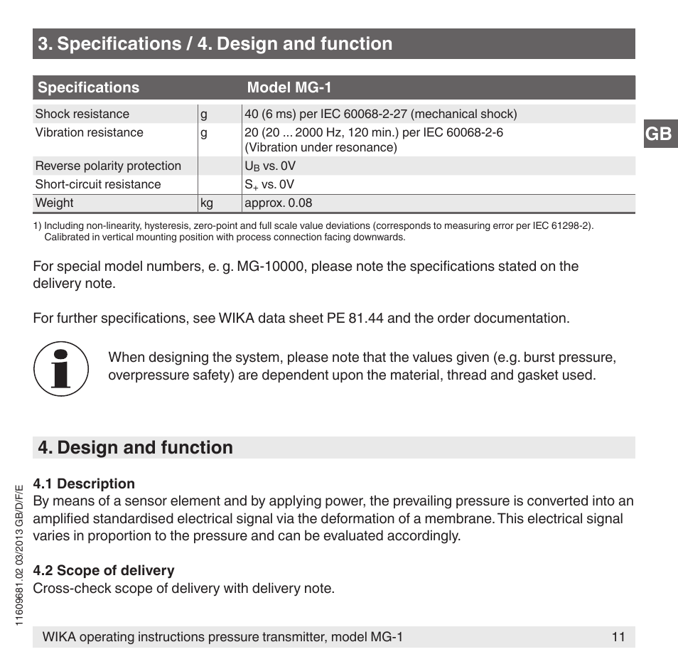Specifications / 4. design and function, Design and function | WIKA MG-1 User Manual | Page 11 / 92