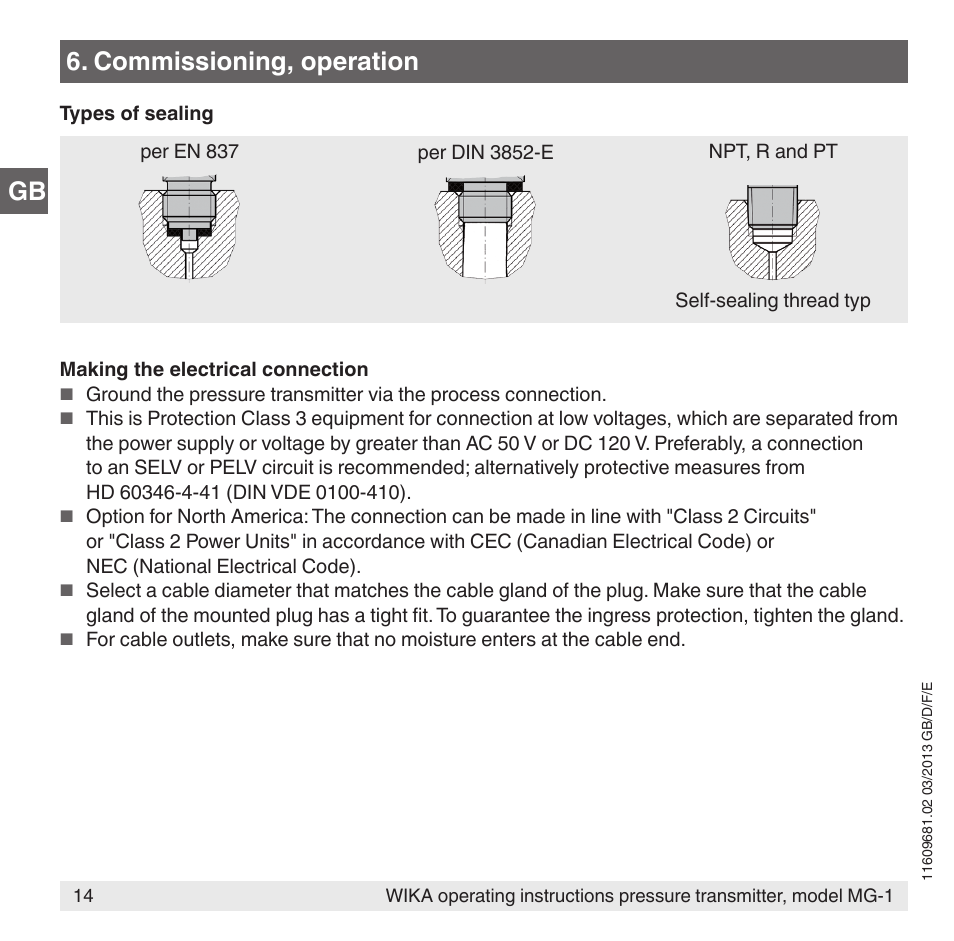 Gb 6. commissioning, operation | WIKA MG-1 User Manual | Page 14 / 92
