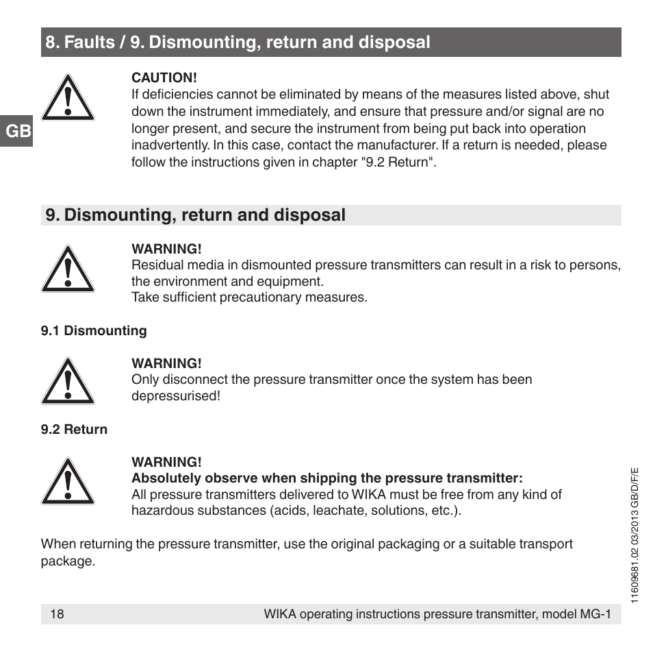 Gb 8. faults / 9. dismounting, return and disposal, Dismounting, return and disposal | WIKA MG-1 User Manual | Page 18 / 92